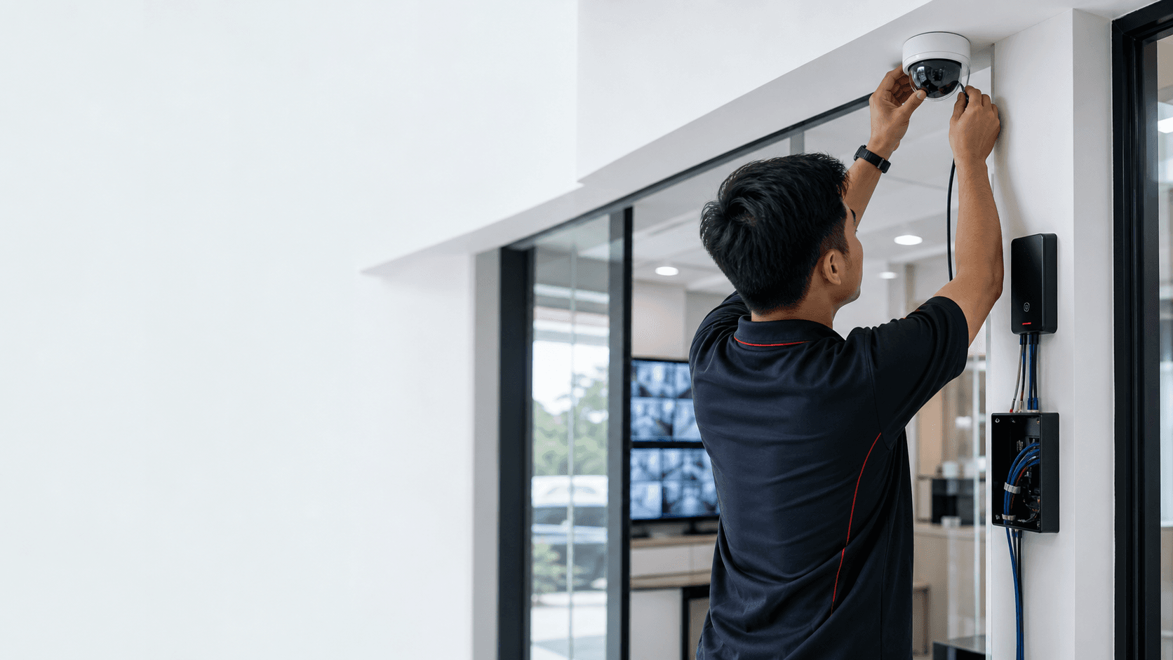 Professional ELV technician installing CCTV and access-control equipment